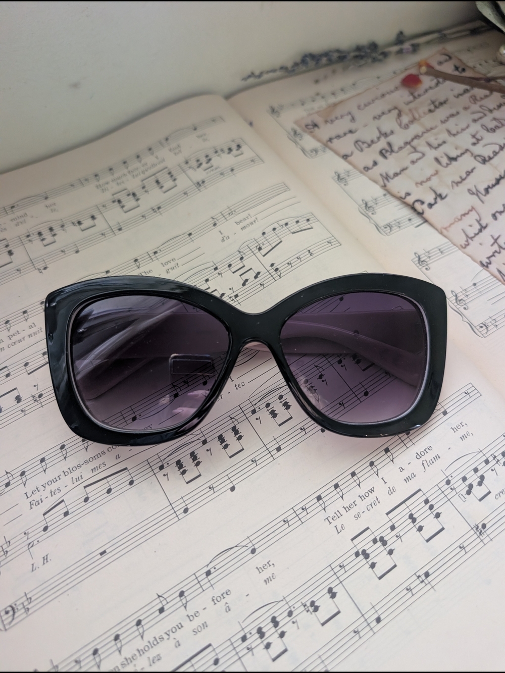 Lauren Conrad Womenโs Black Cat-Eye Sunglasses with Purple Lenses